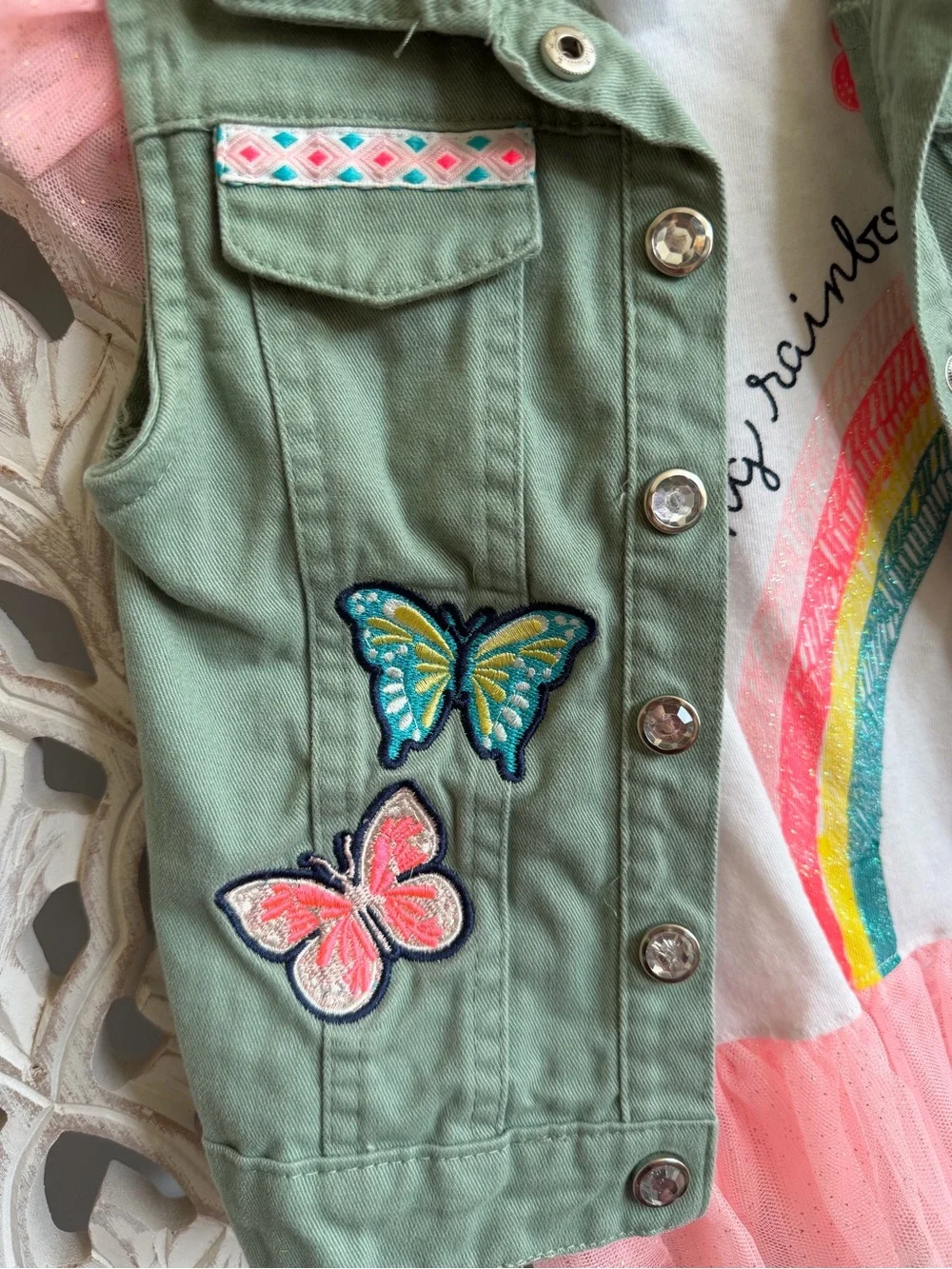 Little Lass Girls Size 6 Rainbow Tulle Top & Butterfly Vest Set